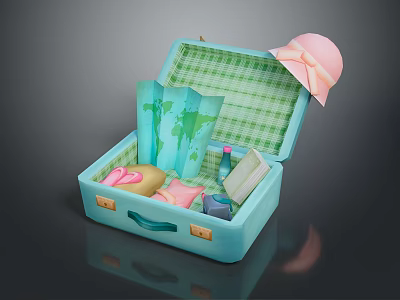 Open Blue Suitcase Containing Daily Necessities Pink Hat Green Checkered Cloth 3d model