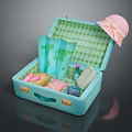 Open Blue Suitcase Containing Daily Necessities Pink Hat Green Checkered Cloth