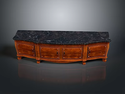 Elegant Wooden TV Stand With Dark Marble Top And Carved Cabinet Doors 3d model