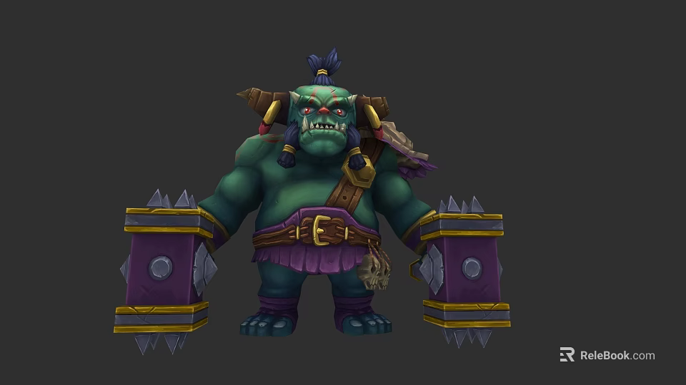 Green Ogre Character With Muscular Build Spiked Shields Feathered Headdress And Purple Shorts 3d model 
