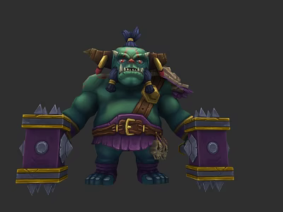 Green Ogre Character With Muscular Build Spiked Shields Feathered Headdress And Purple Shorts 3d model