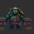 Green Ogre Character With Muscular Build Spiked Shields Feathered Headdress And Purple Shorts