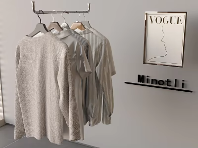 Clothes Hanger Holding Light Gray Sweaters And Striped Shirts With VOGUE Poster And Minotti Sign 3d model
