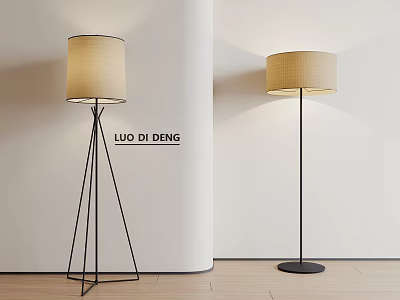 Minimalist Modern Floor Lamps with Tripod Round Base Black Metal Frame Beige Fabric Shade 3d model