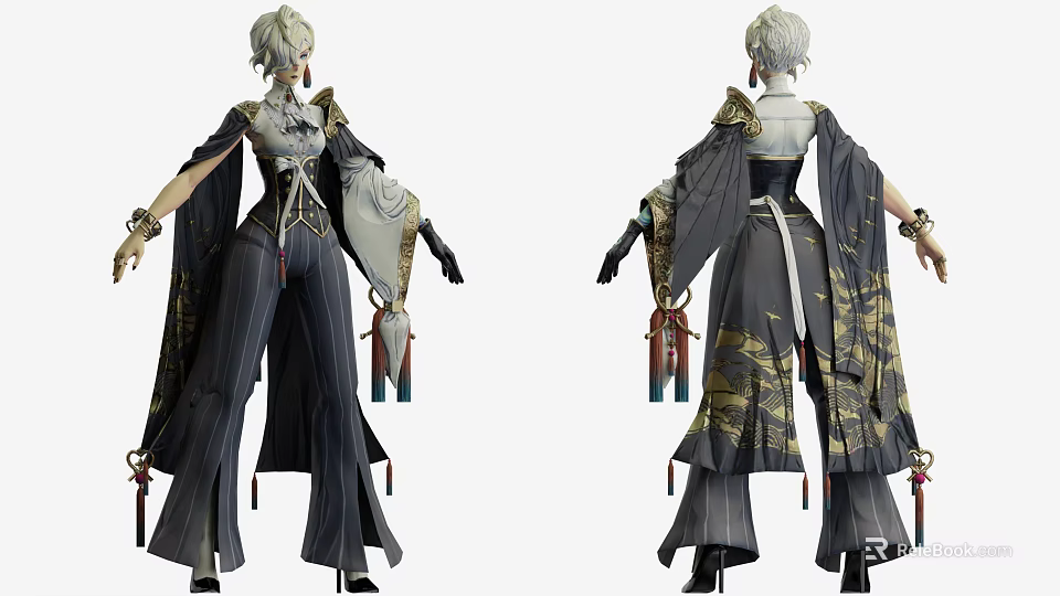 Elegant Game and Movie Character With Traditional Outfit Short Hair and Golden Patterns 3d model 