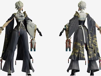 Elegant Game and Movie Character With Traditional Outfit Short Hair and Golden Patterns 3d model