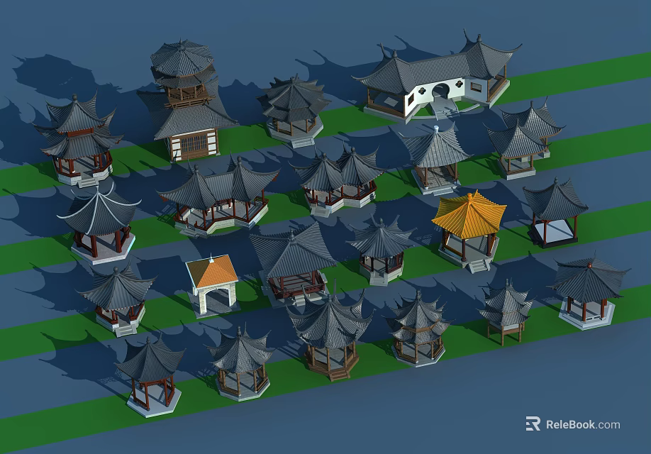 Diverse Traditional Chinese Architectural Models with Pavilions Pagodas and Classic Rooftops 3d model 