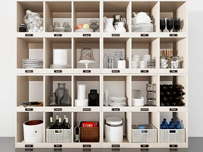 Organized Storage Cabinet With Multi Compartment For Dinnerware Wine Glasses Bottles And Storage Baskets 3d model