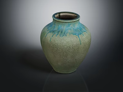 Textured Ceramic Vase With Greenish Body And Blue Drip Glaze Finish 3d model