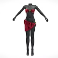 Black Mannequin Wearing Red Bra Top With Gold Circular Buckle And Asymmetrical Red Skirt