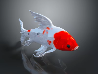 Red and White Goldfish with Transparent Fins Red Spots Isolated on Dark Background with Reflection 3d model