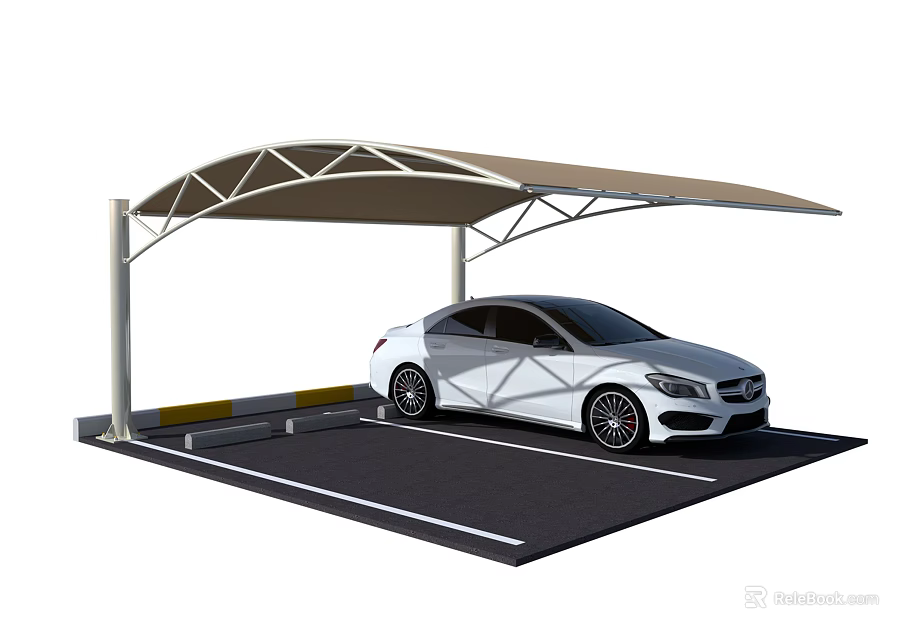 Modern Metal Frame Carport With White Sedan In Parking Space 3d model 