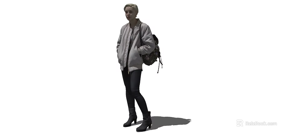 Woman Wearing Gray Jacket With Backpack Black Pants And High Heels Standing 3d model 