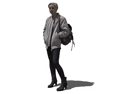 Woman Wearing Gray Jacket With Backpack Black Pants And High Heels Standing 3d model