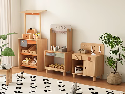Wooden Storage Cabinets With Shelves And Drawers For Kids Playroom Organization 3d model