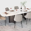 Modern Marble Top Dining Table Set With Gray Upholstered Chairs Wine Bottle Plant Tableware 3d model