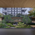 Tranquil Garden Landscape Featuring Rockery Waterfall Koi Pond Red Maple Green Trees and Modern Backdrop