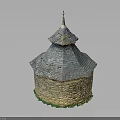 Round Stone Building Model With Gray Tile Roof Pointed Spire And Green Base Decoration