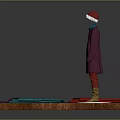 Mannequin Wearing Purple Coat Red Pants Brown Boots Red Christmas Hat With Fabrics On Table
