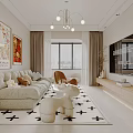 Bright Living Dining Room With White Sofa Floral Paintings And Patterned Rug