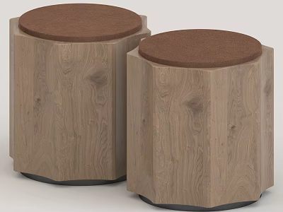 Natural Wooden Stools With Brown Round Seats And Octagonal Bases For Home Decor 3d model
