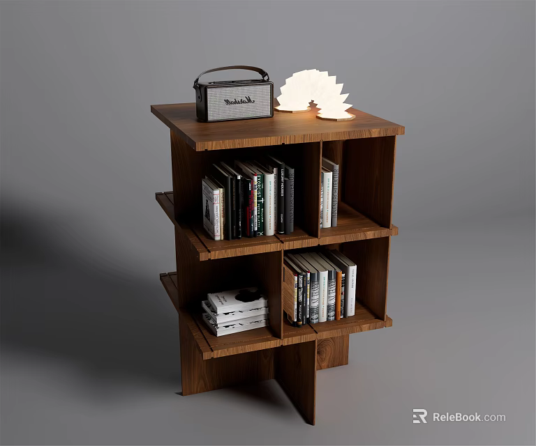 Wooden Sleek Bookcase With Multiple Shelves Radio Decorative Light And Stacked Books 3d model 