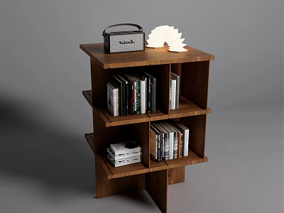 Wooden Sleek Bookcase With Multiple Shelves Radio Decorative Light And Stacked Books 3d model