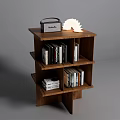 Wooden Sleek Bookcase With Multiple Shelves Radio Decorative Light And Stacked Books