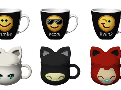 Fun Emoji Text Black Mugs And Cute Animal Shaped Cat Fox Designs 3d model