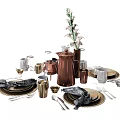 Elegant Tableware Set With Copper Kettle Plates Mugs Cutlery And Floral Vase
