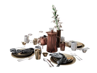 Elegant Tableware Set With Copper Kettle Plates Mugs Cutlery And Floral Vase 3d model