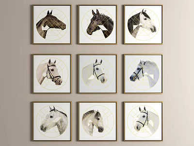 Nine Framed Horse Paintings With Geometric Patterns And Golden Frames For Wall Decor 3d model