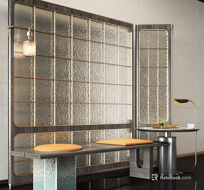 Modern Interior Sofa Bench With Metal Frame Glass Partition And Cushions 3d model 