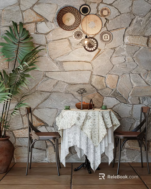 Dining Table Set with White Lace Tablecloth Brown Chairs Palm Plant Stone Wall Decorative Plates 3d model 