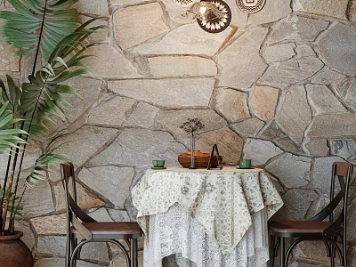 Dining Table Set with White Lace Tablecloth Brown Chairs Palm Plant Stone Wall Decorative Plates 3d model