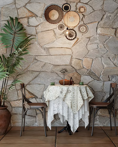 Dining Table Set with White Lace Tablecloth Brown Chairs Palm Plant Stone Wall Decorative Plates 3d model