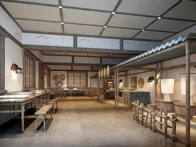 Traditional Cultural Center Interior With Wooden Tables Chairs Classic Roof Design Decorative Lanterns 3d model