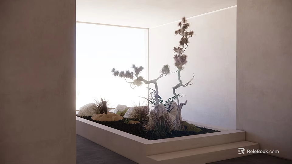 Modern Minimalist Indoor Landscape With Sculptural Tree Green Plants And Stones By Bright Window 3d model 