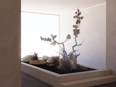 Modern Minimalist Indoor Landscape With Sculptural Tree Green Plants And Stones By Bright Window 3d model