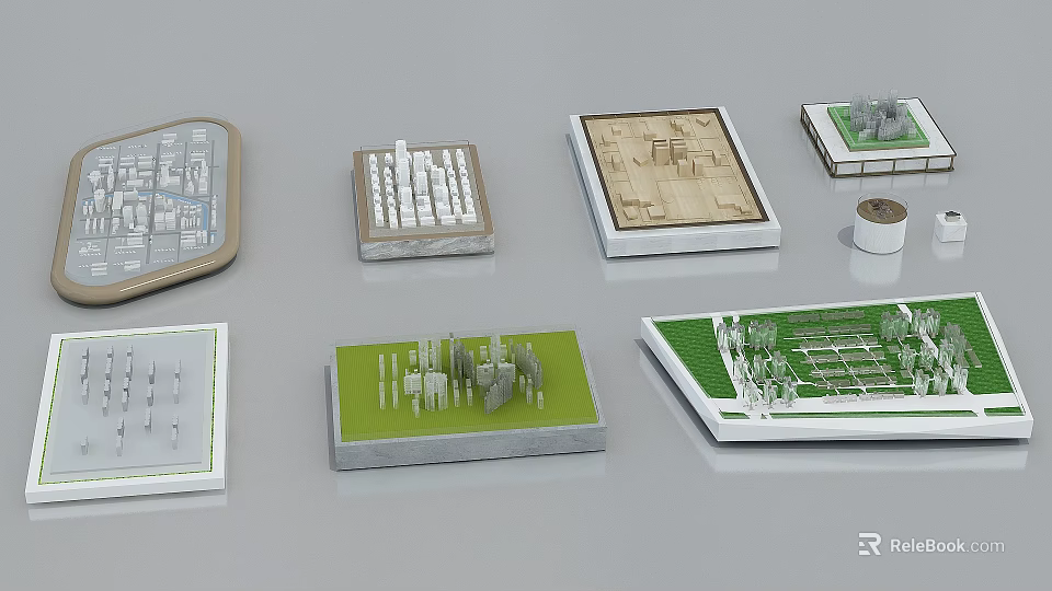 Diverse Commercial Equipment Models With Green Bases White Building Structures And Multiple Shapes 3d model 