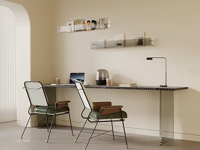 Modern Desk With Laptop Coffee Maker Lamp Green Cushioned Chairs And Wall Shelves 3d model