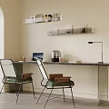 Modern Desk With Laptop Coffee Maker Lamp Green Cushioned Chairs And Wall Shelves