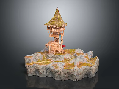 Cartoon Scene Featuring Wooden Tower With Pointed Roof On Rocky Base And Grass Path 3d model