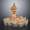 Cartoon Scene Featuring Wooden Tower With Pointed Roof On Rocky Base And Grass Path