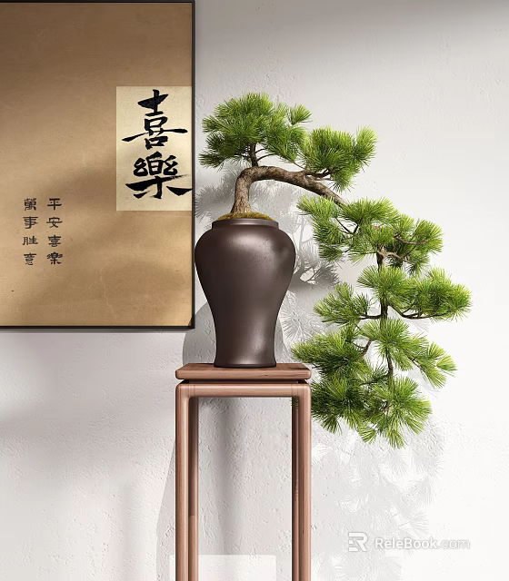 Pine Bonsai Plant in Brown Ceramic Pot on Wooden Stand with Chinese Calligraphy Scroll 3d model 