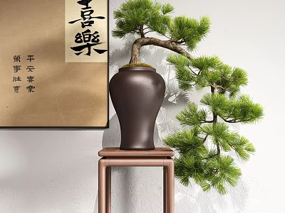 Pine Bonsai Plant in Brown Ceramic Pot on Wooden Stand with Chinese Calligraphy Scroll 3d model