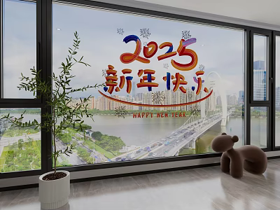 2025 New Year Window Wall Decor With Indoor Plant City View And Plush Bear 3d model