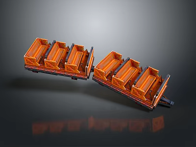 Orange Connected Freight Wagons Featuring Black Frames And Wheels On Dark Reflective Background 3d model
