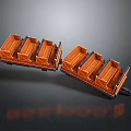 Orange Connected Freight Wagons Featuring Black Frames And Wheels On Dark Reflective Background