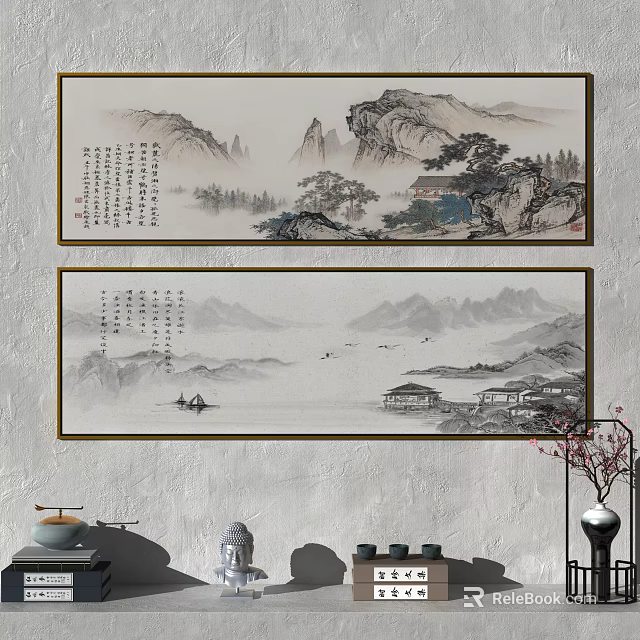 Chinese Traditional Landscape Painting With Mountains Buildings Boats And Calligraphy On Wall 3d model 